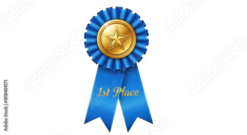 First place blue rosette award ribbon with gold star medal icon