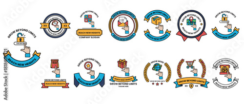 A collection of badges with a theme of technology