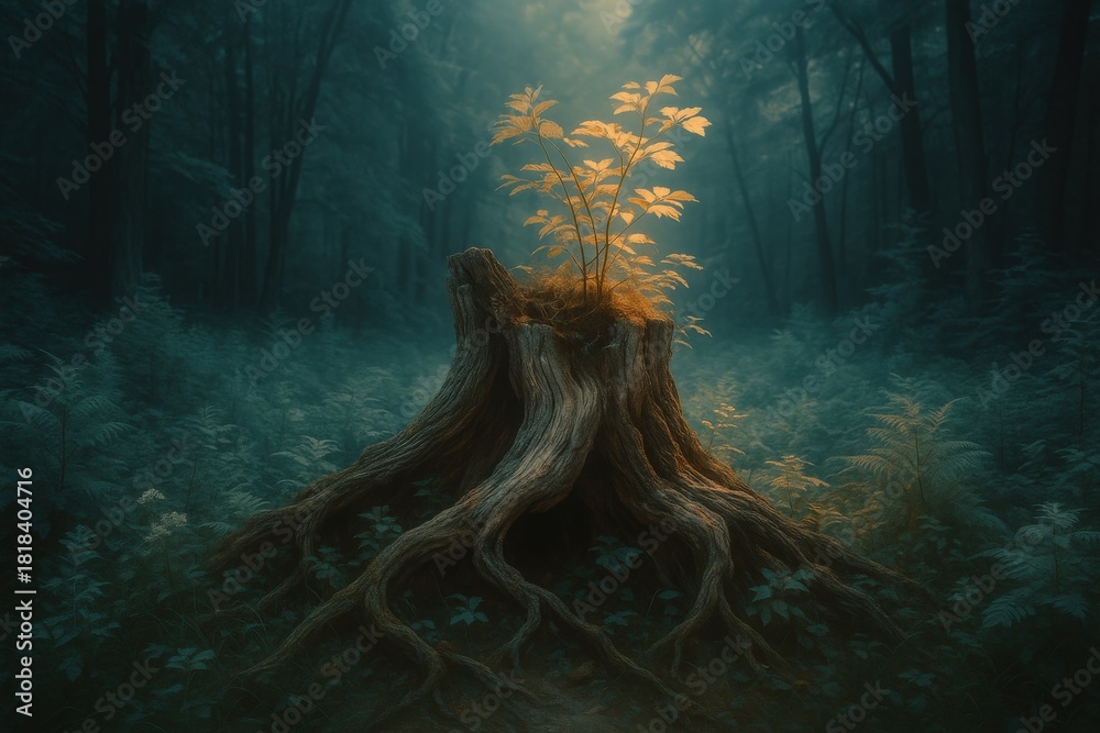 Obraz premium Resilience in Nature Captured through the Ethereal Glow of a Young Plant Emerging from an Ancient Tree Stump Symbolizing Rebirth and Ecosystem Regeneration