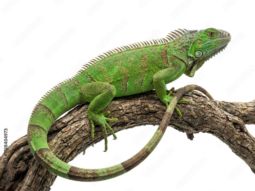 Fototapeta premium Green iguana isolated PNG on a branch, vibrant reptile with spiky crest and striped tail on transparent background