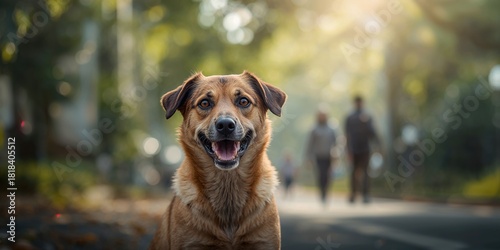 Fototapeta Naklejka Na Ścianę i Meble -  Stray dog seated against a white wall with Thai dog background, animals in a natural setting, World Animal Day