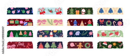 A varied Christmas collection of washi tapes with decorative elements. Festive tape for greeting cards, gift wrapping, and scrapbooking.