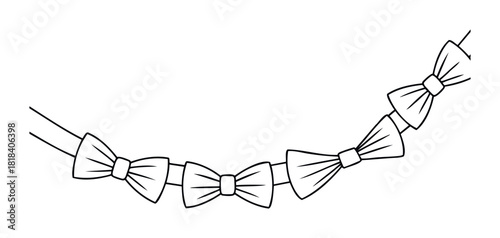 Elegant monochrome line art string of decorative textile ribbon bows creating a festive garland suitable for holiday greeting projects or celebration invitations