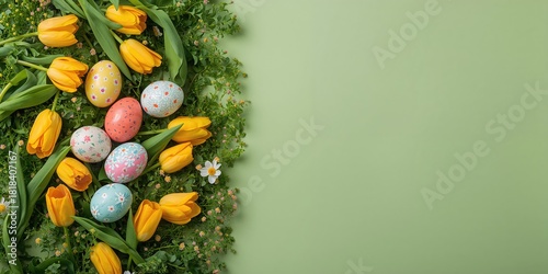 Easter eggs and tulips arra...