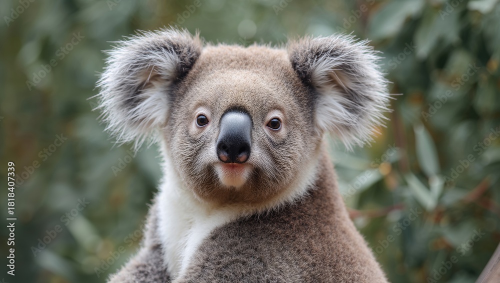 Fototapeta premium Close-up of a koala sitting in a eucalyptus tree, emphasizing wildlife conservation awareness