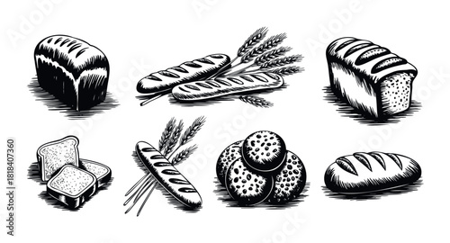 Monochrome bakery product collection featuring various loaves of freshly baked bread and wheat stalks, perfect for vintage culinary branding or restaurant menu graphics.