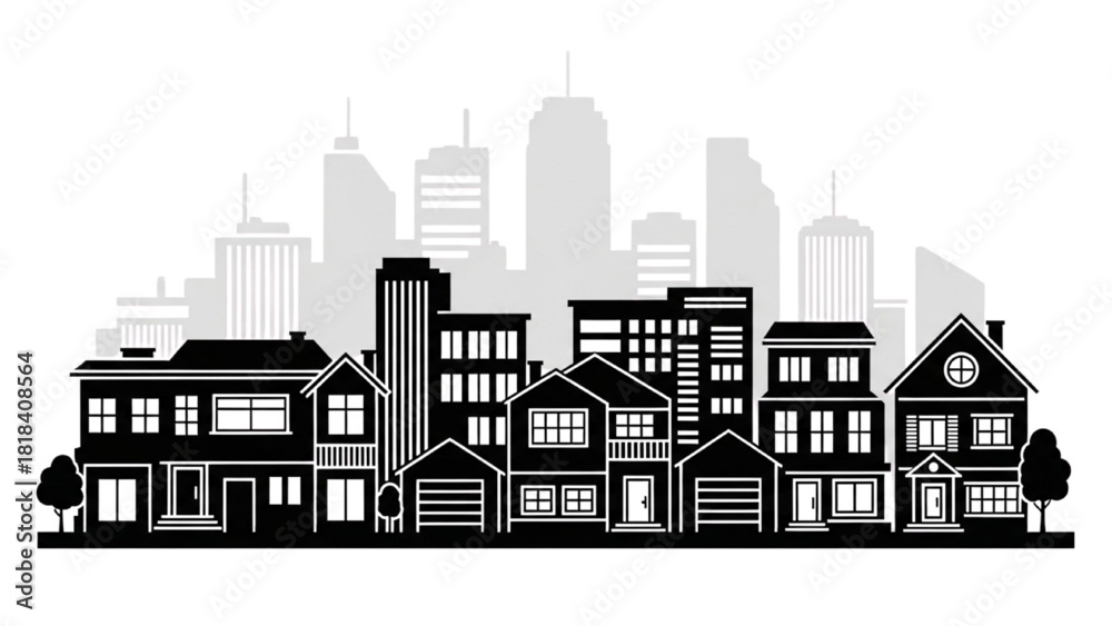 Obraz premium Vector illustration of a city skyline with residential houses and skyscrapers in the background