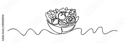 Single continuous line drawing of a fresh vegetable salad with lettuce and tomatoes in a bowl, perfect for healthy eating blogs, nutrition articles, and foodrelated branding