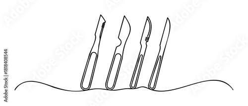 Continuous line drawing of various surgical scalpels representing medical precision and essential surgical tools for healthcare industry and medical education materials.