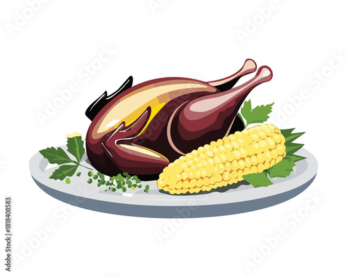 Whole roasted chicken served on a platter with fresh corn on the cob and a sprinkle of green herbs, ready for a meal - Vector Illustration