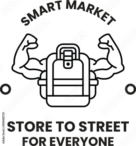 A man with a backpack on his shoulders with the words smart market above him