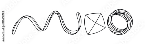 Abstract minimalist black line shapes including wavy forms, a sharp geometric kite, and a multilined coiled oval, suitable for modern graphic projects and clear communication designs