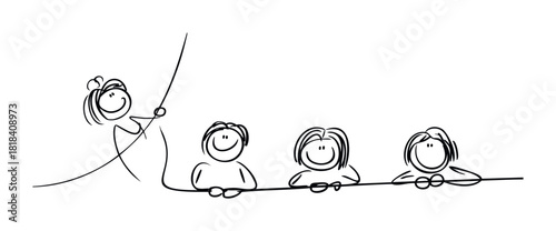 A friendly teacher interacts with smiling students in a classroom setting, perfect for educational resources, school advertisements, and presentations about learning and teaching.