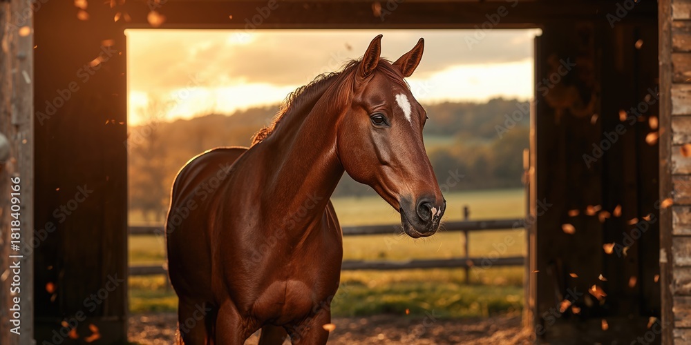 Fototapeta premium Horse in the stable, focusing on stable maintenance procedures, natural lighting conditions, and barn interior details