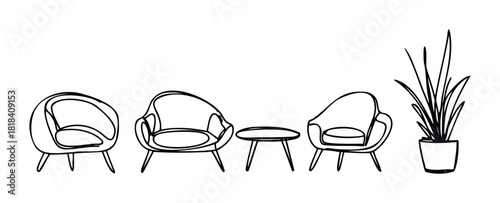 Minimalist continuous line drawing of living room furniture including lounge chairs an oval coffee table and a potted houseplant perfect for contemporary home styling projects and