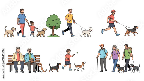 A collection of diverse people enjoying outdoor activities and companionship with their pet dogs