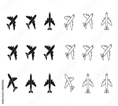 Set of airplane icons and silhouettes, showing various aircraft and flight directions, useful for aviation, travel, and transport