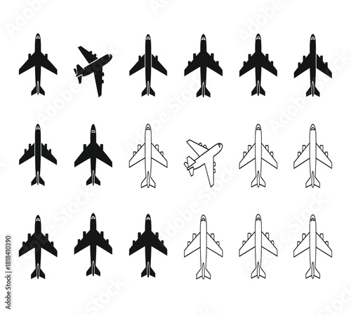 Set of airplane icons and silhouettes, showing various aircraft and flight directions, useful for aviation, travel, and transport