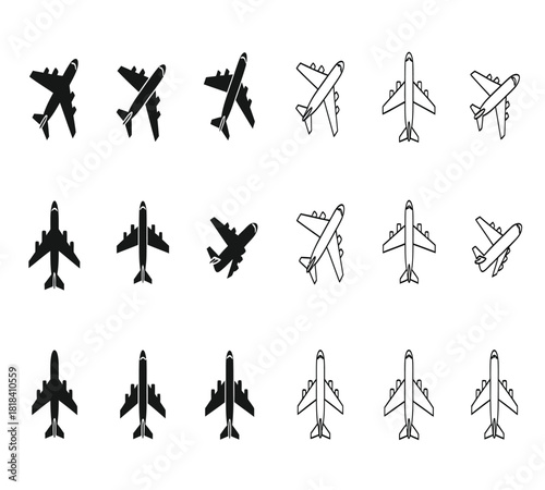 Set of airplane icons and silhouettes, showing various aircraft and flight directions, useful for aviation, travel, and transport