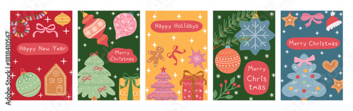 A set of holiday cards for Christmas and New Year. This greeting collection features ornaments, gingerbread cookies, and a gift box, perfect for the winter season.