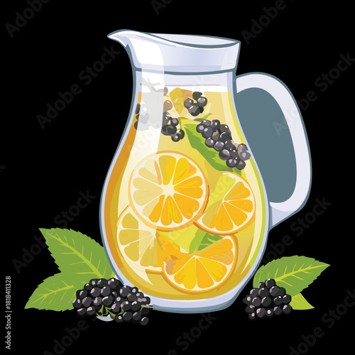 Sweet lemonade beverage in glass pitcher with lemon slices and forest berries for healthy summer refreshment and party - Vector Illustration