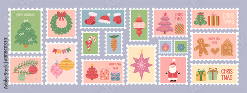 A collection of Christmas and New Year postage stamps with festive elements. A festive winter illustration for a greeting card or mailing list.