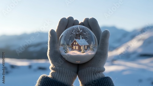 Gloved hands holding snow globe with cozy cabin and snowy trees in front of vast mountain landscape under clear blue sky creating a magical and serene winter holiday moment