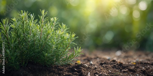 Rosemary herb in a garden setting, emphasizing fresh growth for culinary use