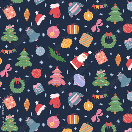 A Christmas pattern with hand-drawn holiday symbols, including Santa, a Christmas tree, a gift, and decorations. A festive background for wrapping paper or fabric.