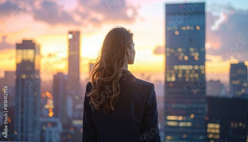 Businesswoman in suit looking at city skyline during golden sunset representing vision, opportunity and empowerment in corporate world