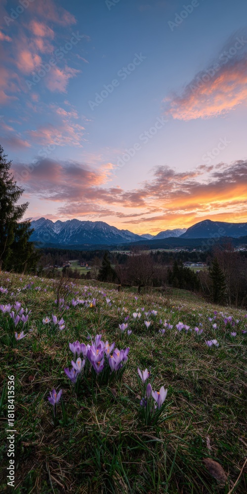 Fototapeta premium Vibrant crocus field at sunset with scenic mountain view