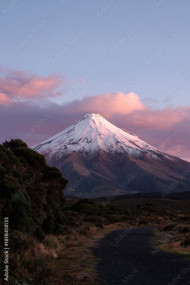 Fototapeta premium Majestic snow-capped mountain at sunset with pink clouds in lush landscape