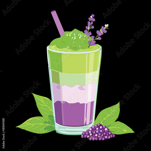 Gourmet layered green and purple berry smoothie in glass decorated with fresh lavender for healthy organic antioxidant drink - Vector Illustration