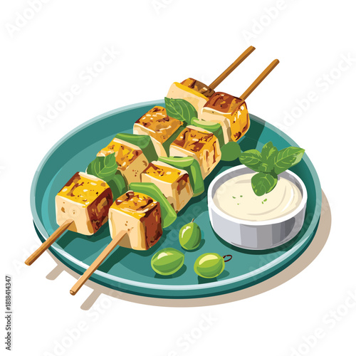 Savory vegetarian grill skewers with marinated paneer and green peppers served with side of spicy herbal sauce - Vector Illustration