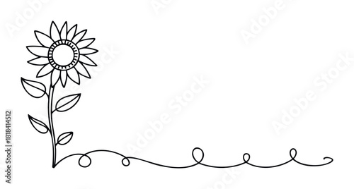 Simple line drawing of a sunflower with swirling vine for decorative borders and springtime celebrations, perfect for graphic design projects and organic themes.