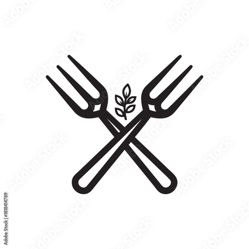 Black and white crossed forks with wheat branch Thanksgiving harvest food symbol vector illustration