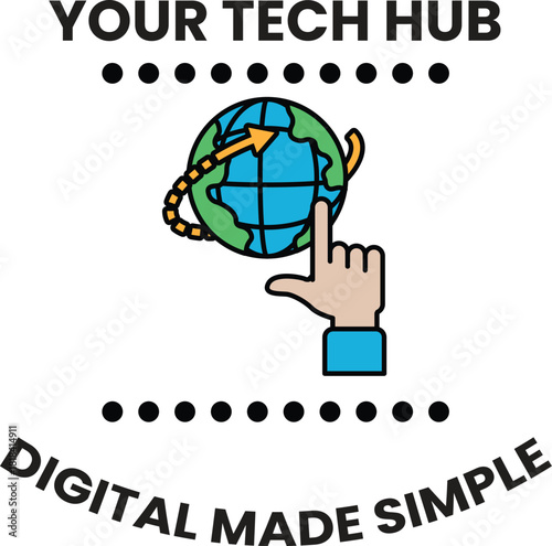 A hand pointing at a globe with the words "Your Tech Hub" below it