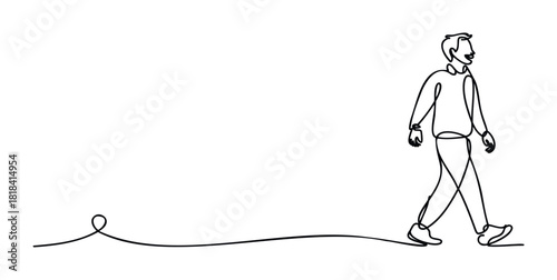 Single line drawing of a happy man walking with momentum, representing movement and progress, suitable for motivational and lifestyle projects.