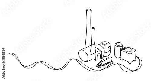 Industrial facility with smokestacks, tanks, and a truck on a winding road, suitable for concepts of manufacturing, energy, and logistics.