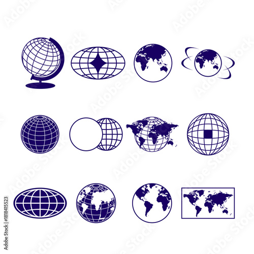 Abstract minimal sphere vector collection. Flat line art icons of globes, meridians, and latitudes isolated