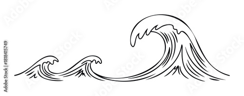 Stylized black ink drawing of dynamic ocean waves crashing and swirling, representing power and nature, suitable for coastal themes and nautical branding.