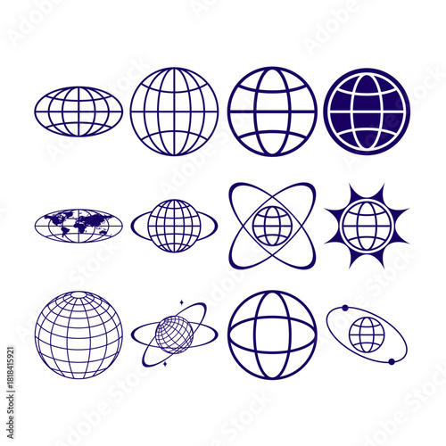 Y2K retro futuristic globe wireframe set. Collection of abstract geometric earth grids, planet orbits, and cyber elements in dark blue.