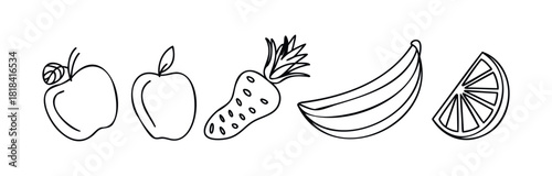 Simple Outline Drawings of Assorted Fruits and Vegetable Such as Apples Bananas and Oranges Perfect for Food Related Projects and Designs