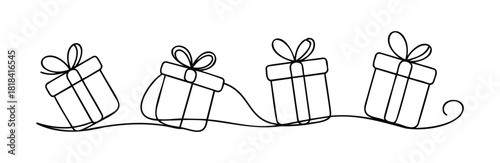 Four continuous line drawing gift boxes with bows connected by a flowing ribbon, perfect for conveying celebration or holiday themes in marketing and editorial content.