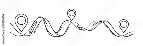 Hand drawn road map with location pins showing a journey route for travel planning and navigation guidance concept.