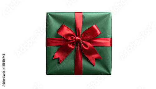 Square green gift box tied with a vibrant red ribbon on a black background