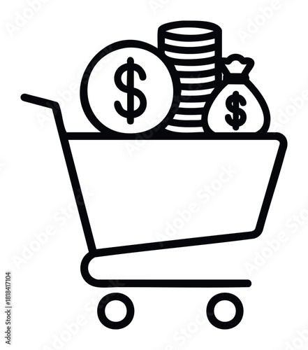 Shopping cart filled with money bag and coins representing financial transactions and online purchasing for ecommerce and business concepts