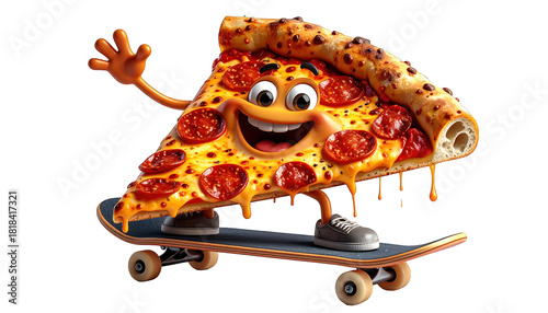Animated pepperoni pizza slice on skateboard with happy face, waving