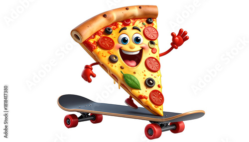 Smiling cartoon pizza slice with pepperoni and olives, skateboarding happily