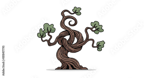 Artistic representation of a whimsical, interwoven tree with cartoonish foliage and sinuous branches against a white background